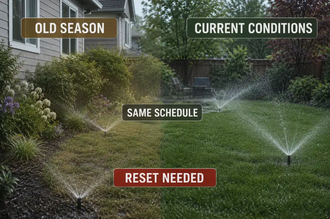Sprinklers follow a dry-season schedule even though cooler, wetter conditions have reduced the yard’s immediate water demand.