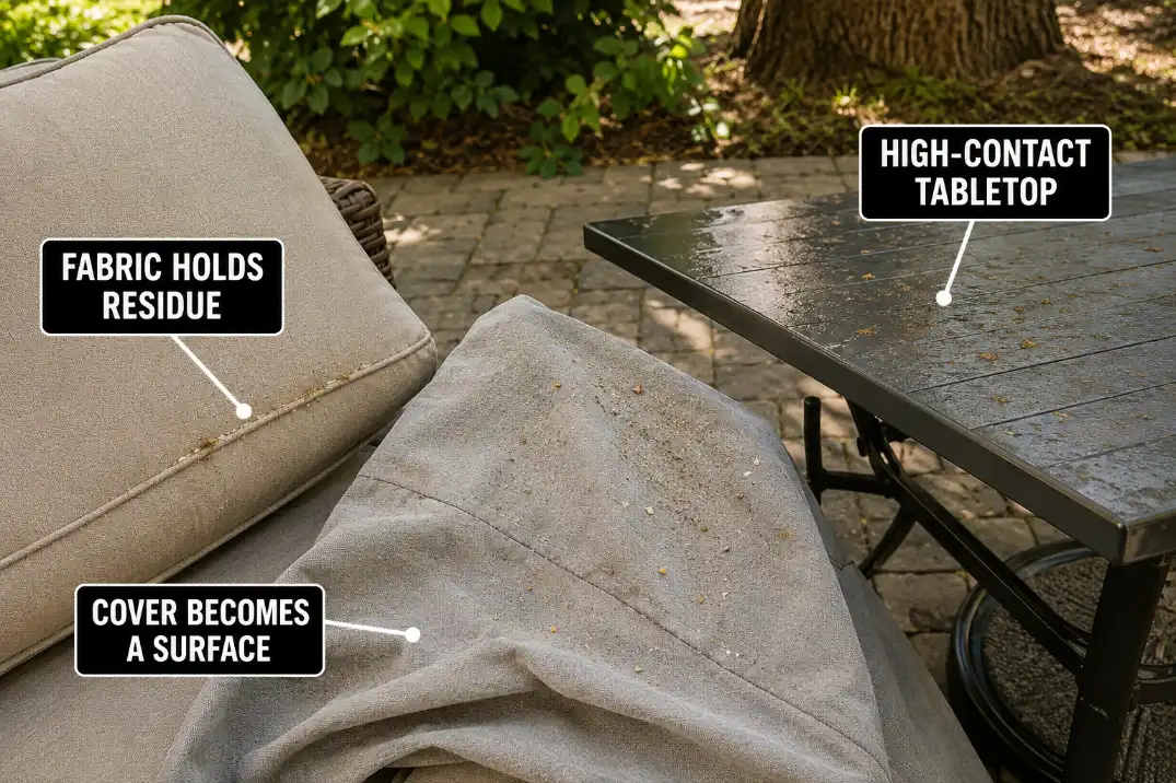 Sap residue clings differently to a cushion seam, furniture cover, and patio tabletop.