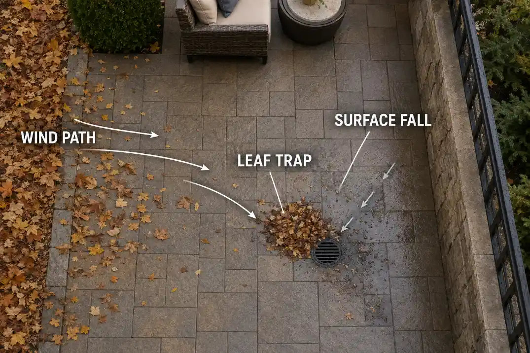 Wind and a subtle patio slope direct leaves toward a protected low area near the drain.