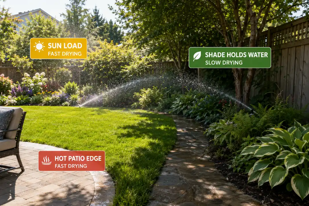 Backyard sprinkler zone showing sunny lawn, shaded bed, and hot patio edge with different drying speeds.