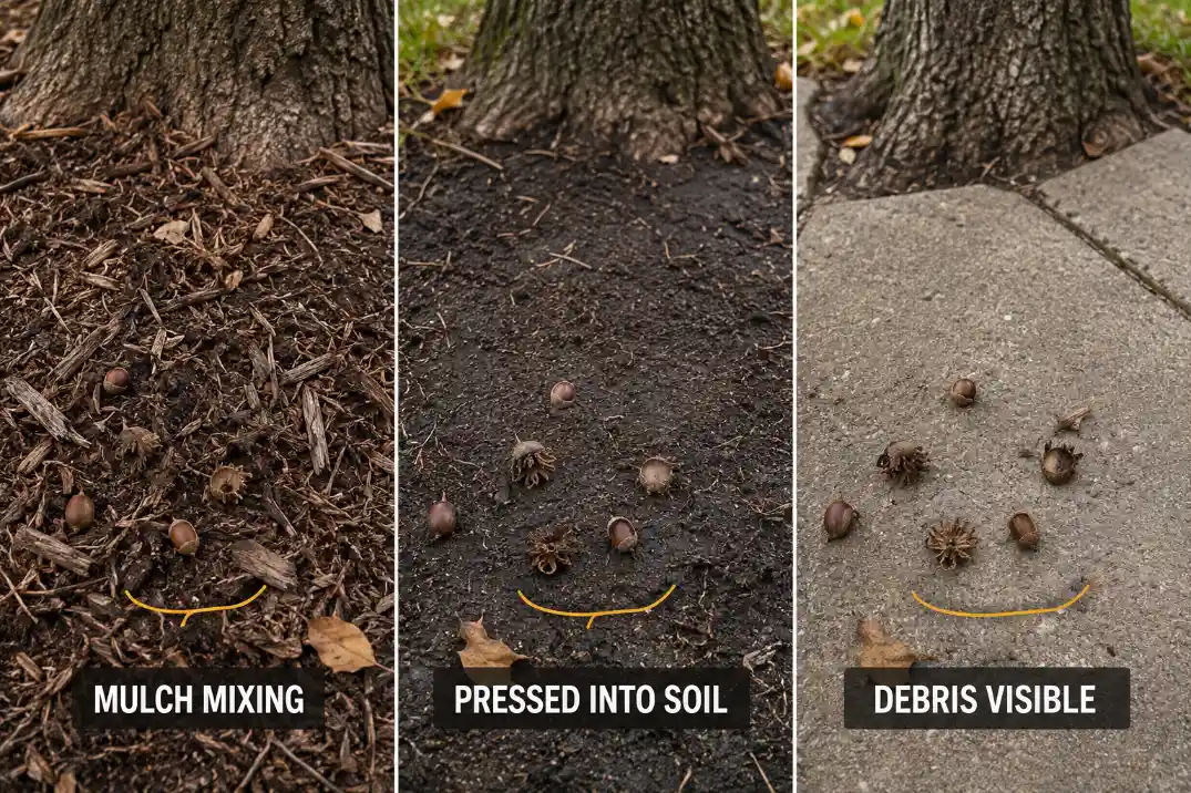 Acorns and pod fragments embedded in mulch and soil compared with visible debris on a firm surface.