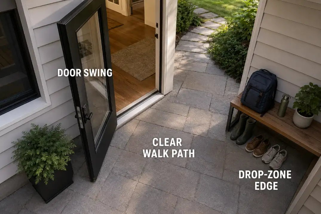Back door swing and clear walking path with drop-zone storage kept along an inactive edge.