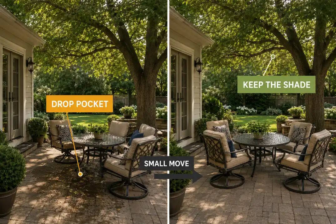 Matched patio comparison showing outdoor seating moved from a branch drop pocket into cleaner shade beneath the same tree.