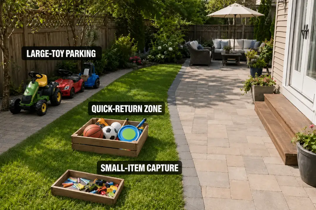 Separate backyard return zones for large ride-on toys, balls, and small play items.