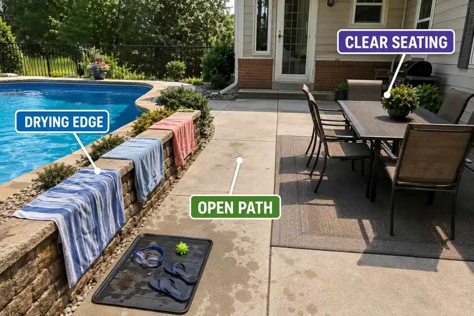 Wet towels and pool gear drying along the patio edge while seating and the main path remain open.