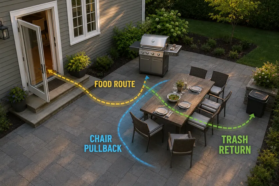 Food and trash routes intersecting the pulled-back chair area between a patio door, grill, and dining table.