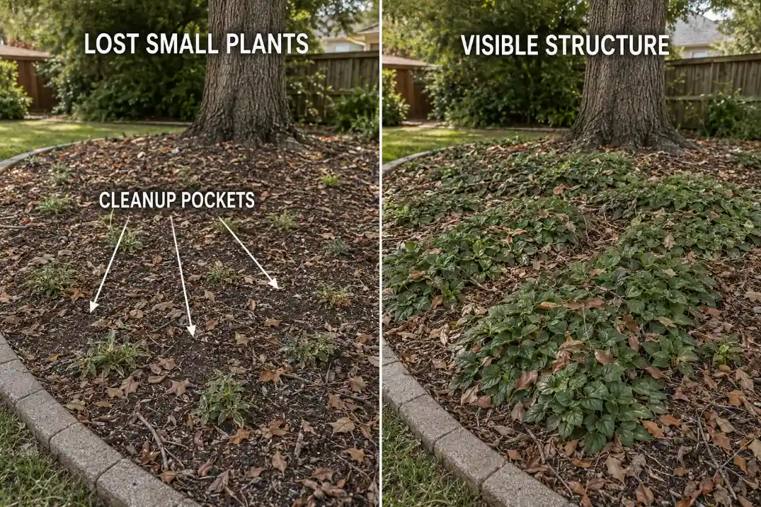 Small isolated plants disappearing under tree litter beside a clearer, more visible planting structure.