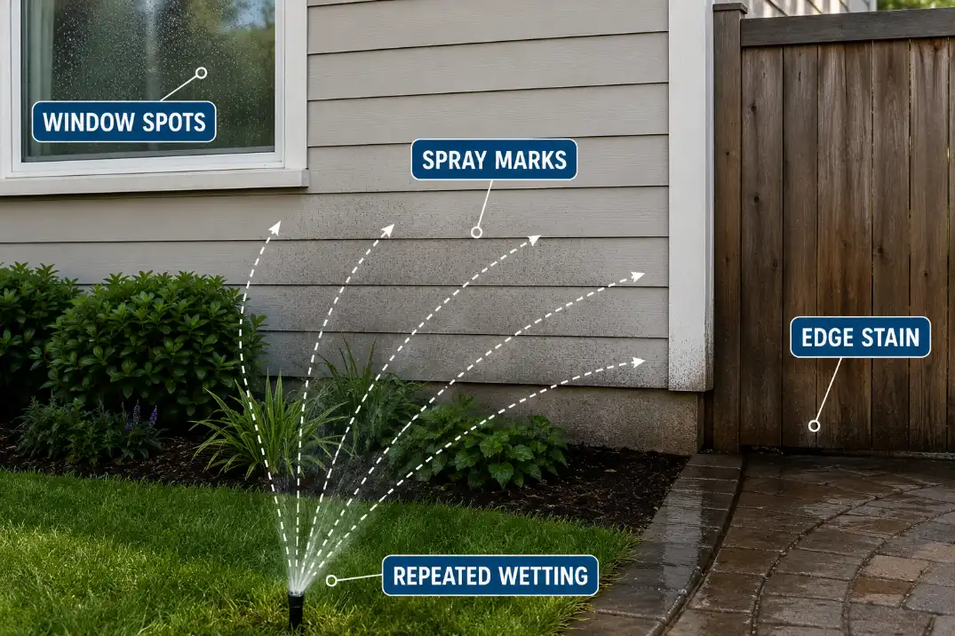 Overlay showing sprinkler overspray marks on siding, window glass, and patio edge surfaces.