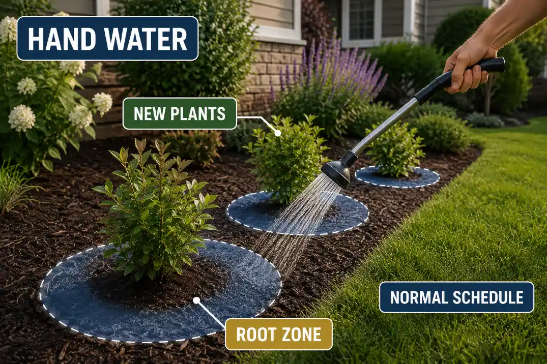 Hand watering aimed at new plant root zones while the rest of the yard stays on its normal schedule.