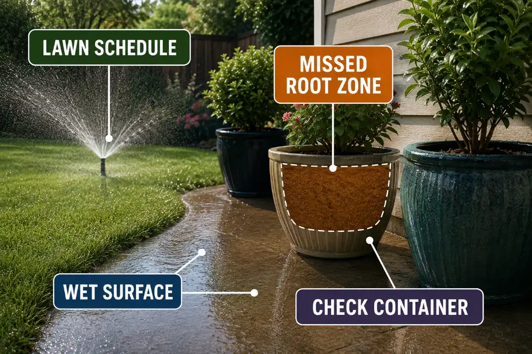 Sprinkler water wetting the lawn and container surfaces while missing the container root zone.