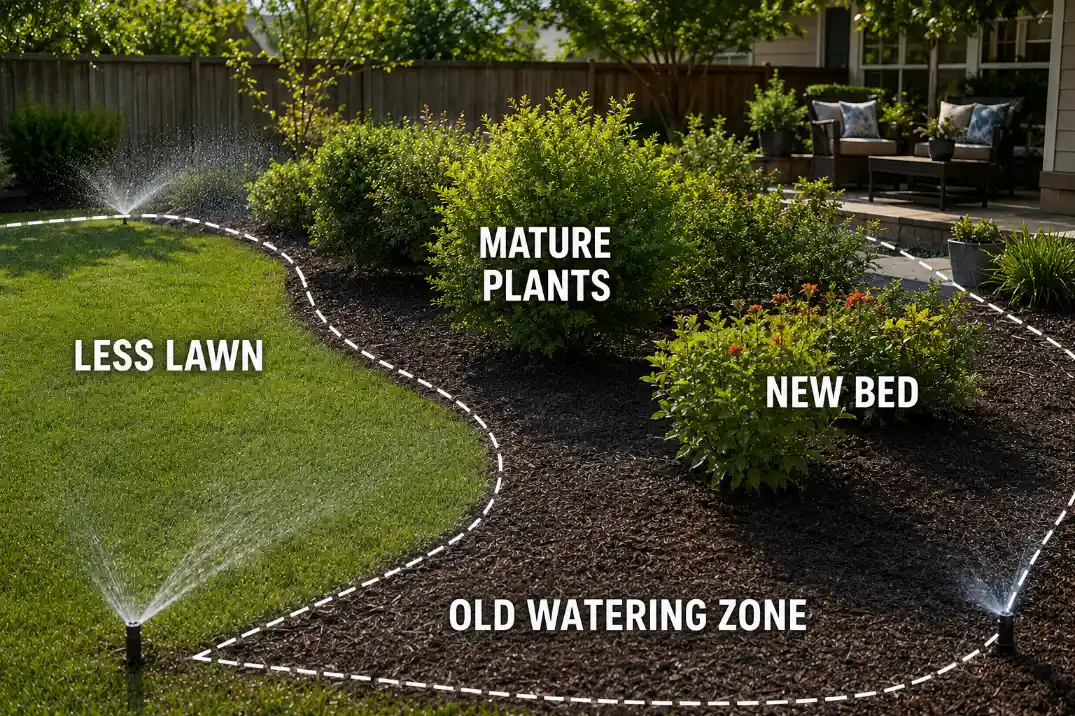 An old sprinkler zone still covers a former lawn area now occupied by mature plants and a new planting bed.