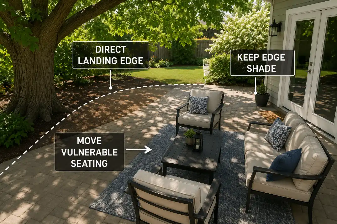 Patio seating is shifted beyond the direct sap landing edge while retaining tree shade.