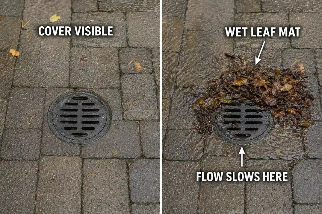A visible patio drain is compared with one partially restricted by a wet leaf mat.