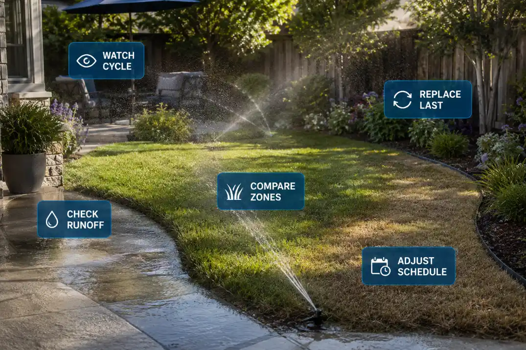 Backyard sprinkler zone adjustment overlay showing watch cycle, runoff check, zone comparison, schedule adjustment, and replace last.