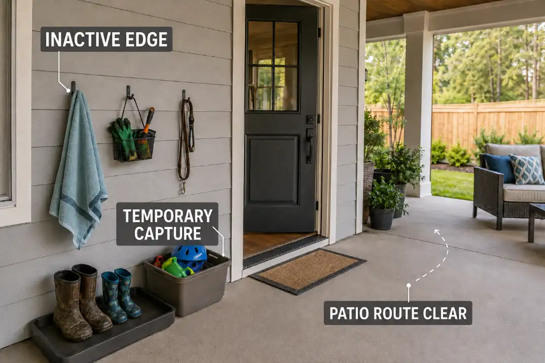 Compact back-door storage placed along an inactive patio edge while the doorway and main route remain clear.