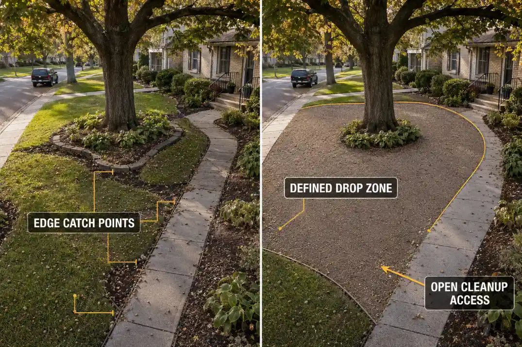 Fragmented tree debris catch points compared with a defined and accessible drop zone.