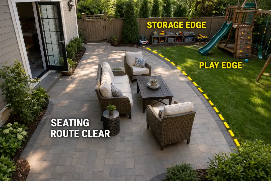 Toy storage beside the play area while the patio seating route remains clear.