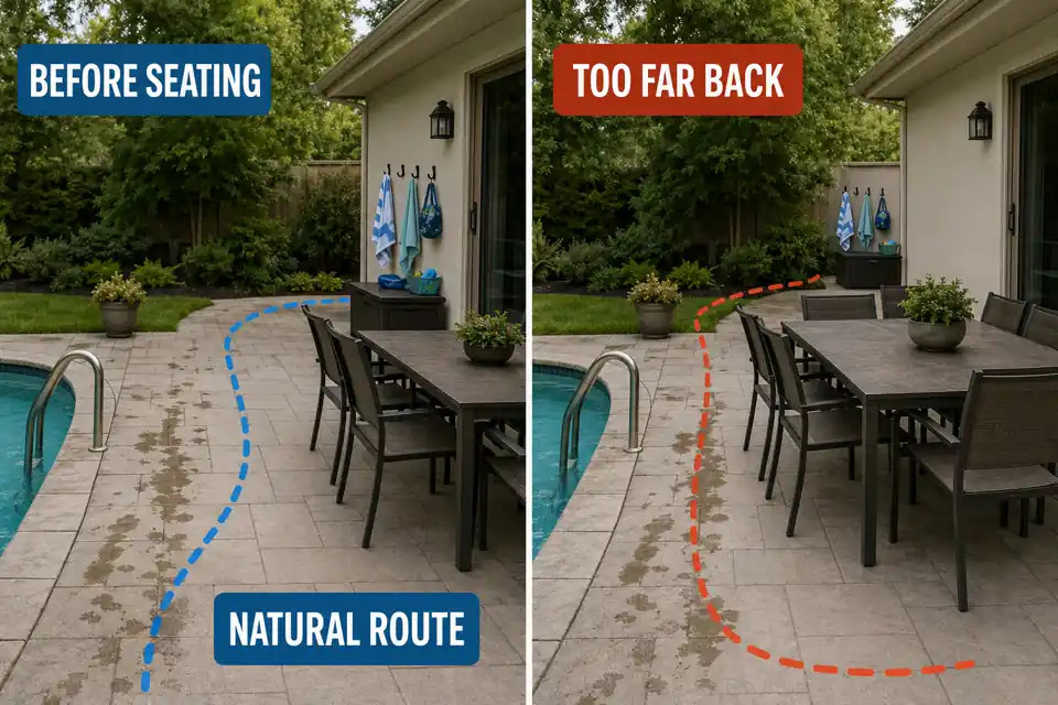 Matched patio routes comparing a wet-item drop point before the seating area with one placed beyond it.