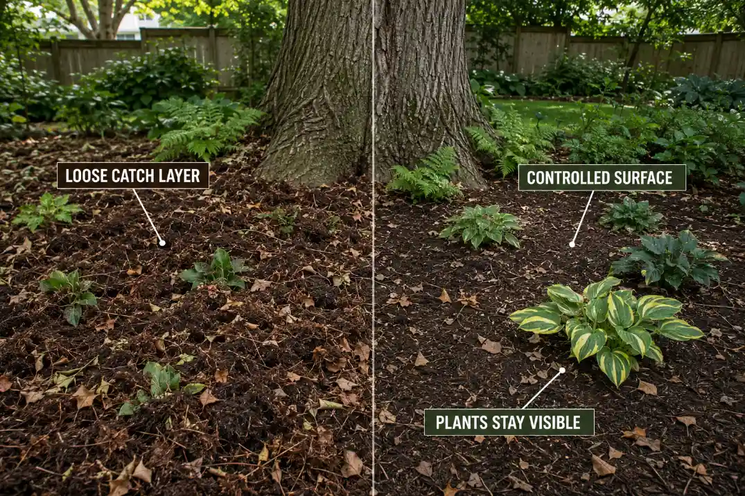 Loose deep mulch trapping tree litter beside a controlled surface where plants remain visible.