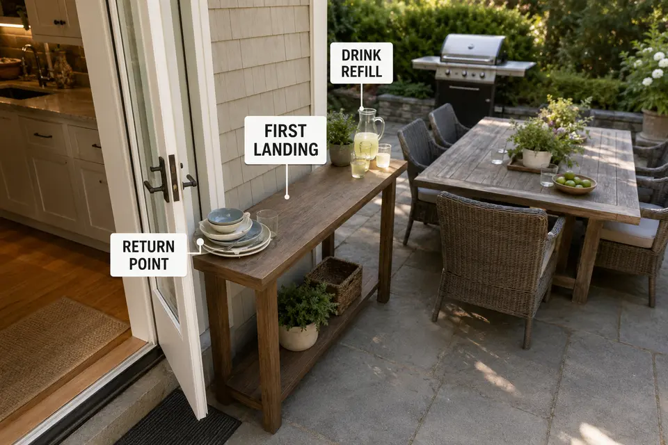 Serving surface positioned between the patio door, dining table, and grill for food, drink refills, and dish returns.