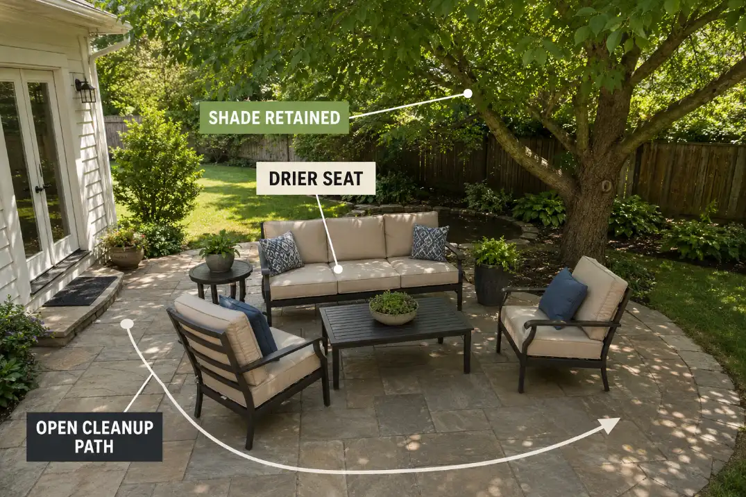 Shaded outdoor seating positioned outside the heaviest branch drop area with a dry seat and open cleanup path.