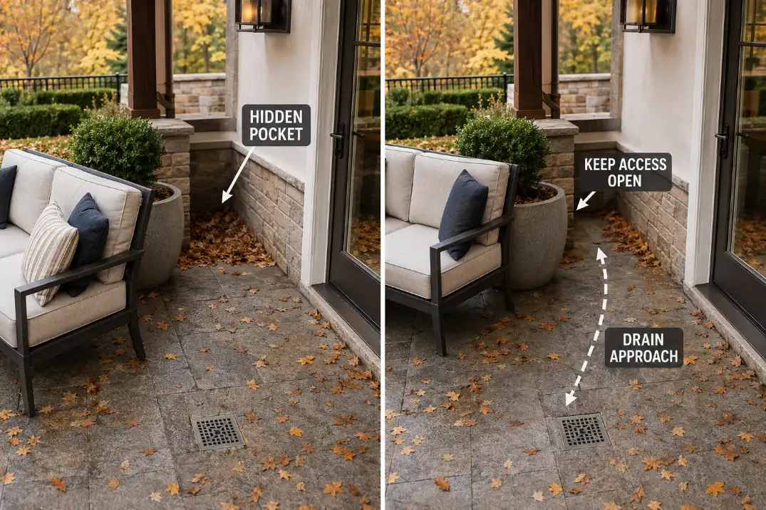 A small furniture shift exposes a hidden leaf pocket and restores access to the patio drain.
