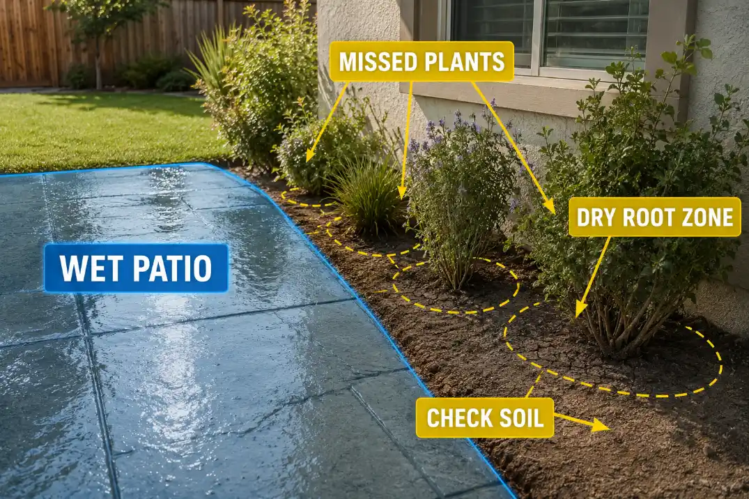Sprinkler overspray wetting a patio while the nearby plant root zone remains dry.
