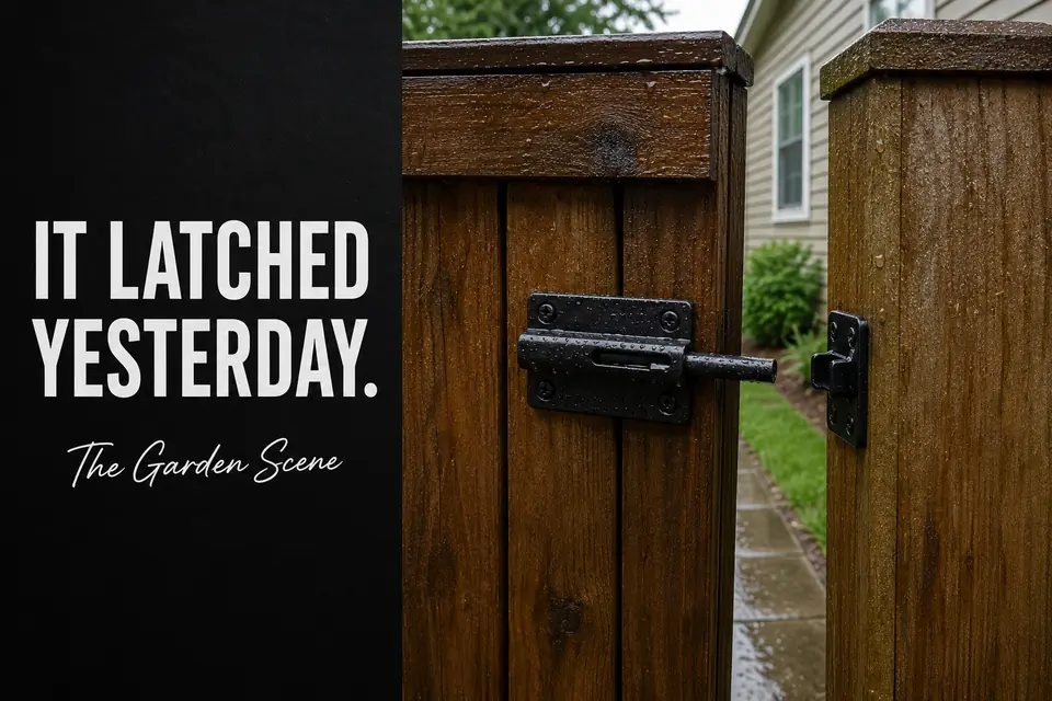 Wet wooden fence gate failing to align with its latch after heavy rain.