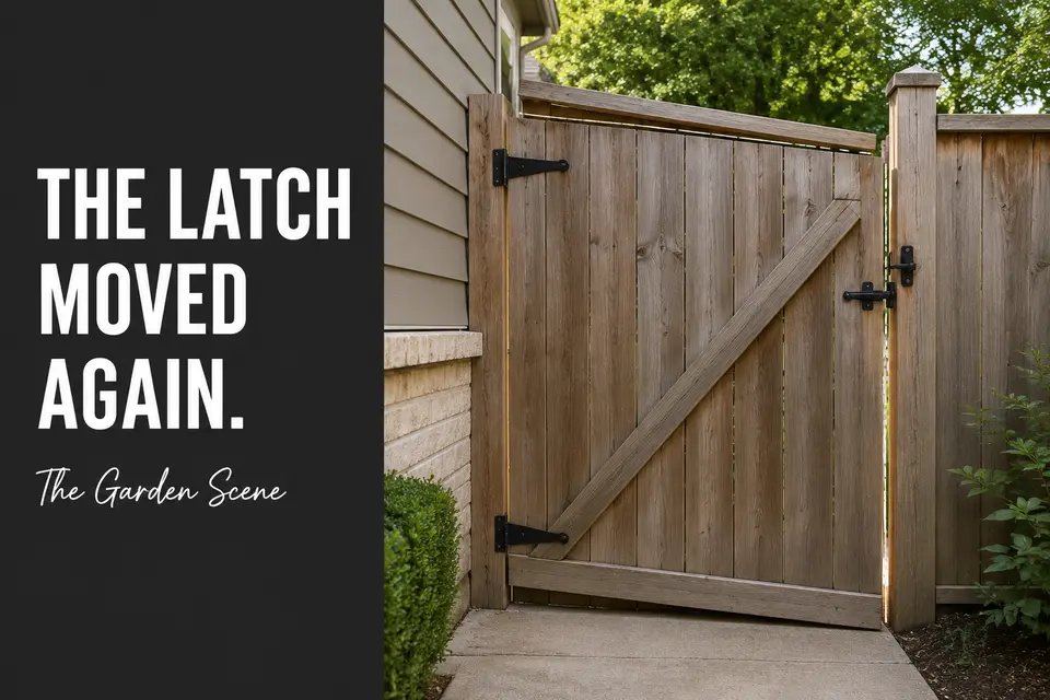 Wooden side-yard gate sagging at the latch corner as its diagonal gap and latch alignment change.