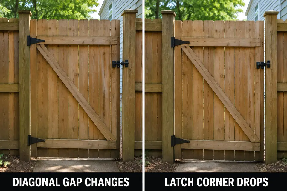 Matched wooden gate views showing a changing diagonal gap and a dropping latch corner.