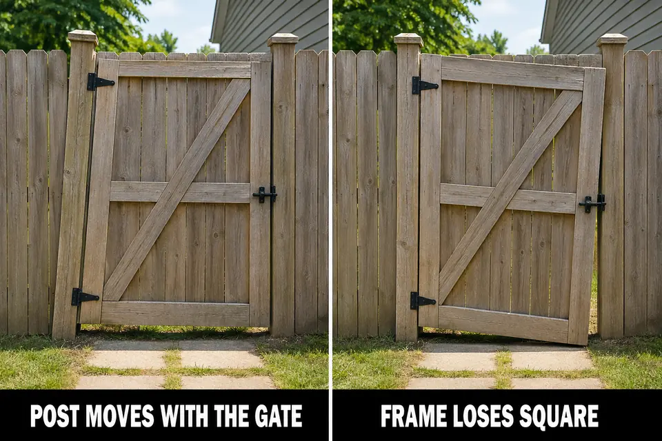 Comparison of a wooden gate moving with a leaning post and a racked gate on a stable post.