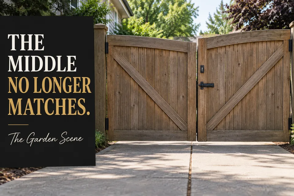 Wooden double driveway gates with center meeting edges at different heights and a misaligned latch.