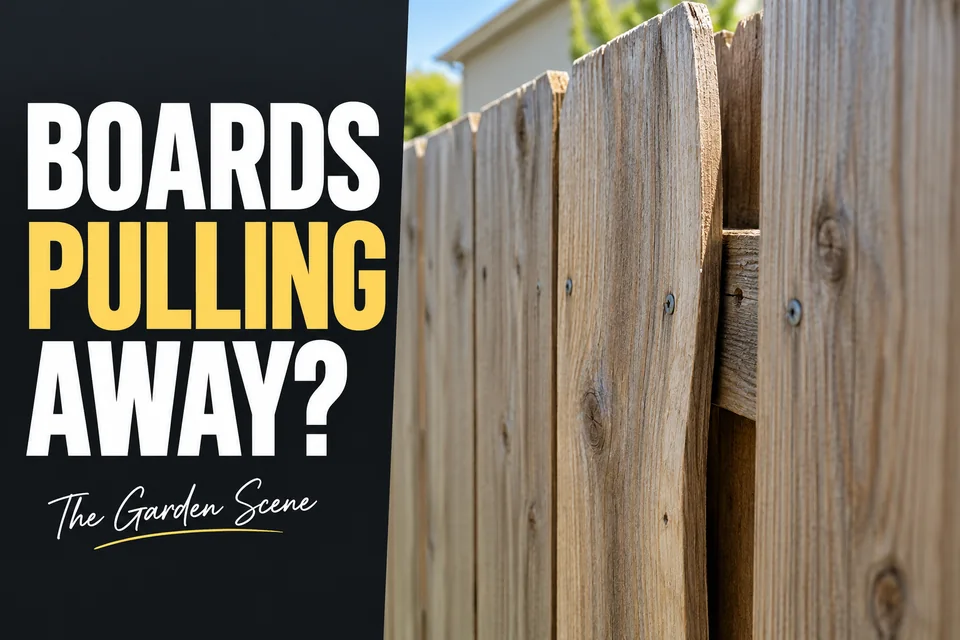 Cupped wood fence board with an edge lifting away from a horizontal rail.