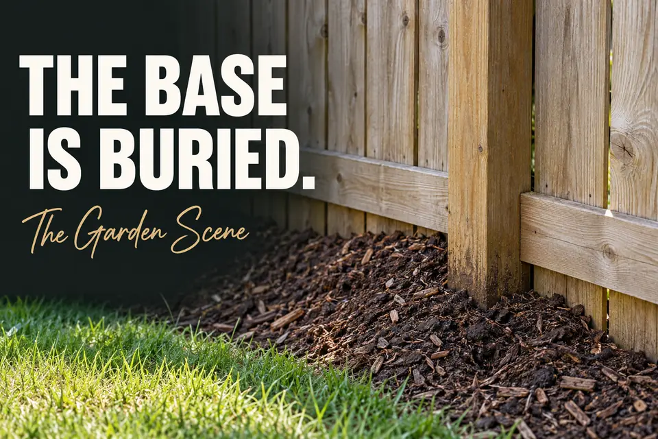 Soil and mulch piled against the lower boards and post base of a wooden backyard fence.