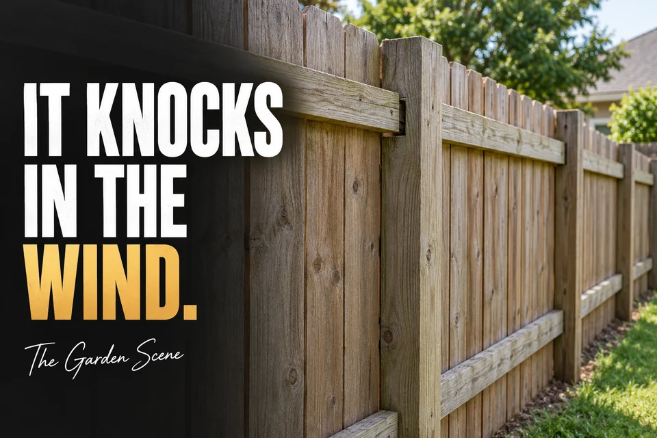 Wooden backyard fence with a visible gap where one horizontal rail meets its supporting post.