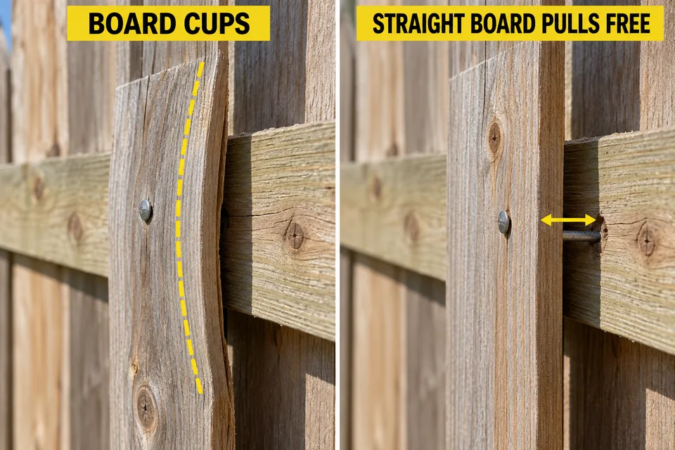 Cupped fence board compared with a relatively straight board separating at a withdrawn nail.