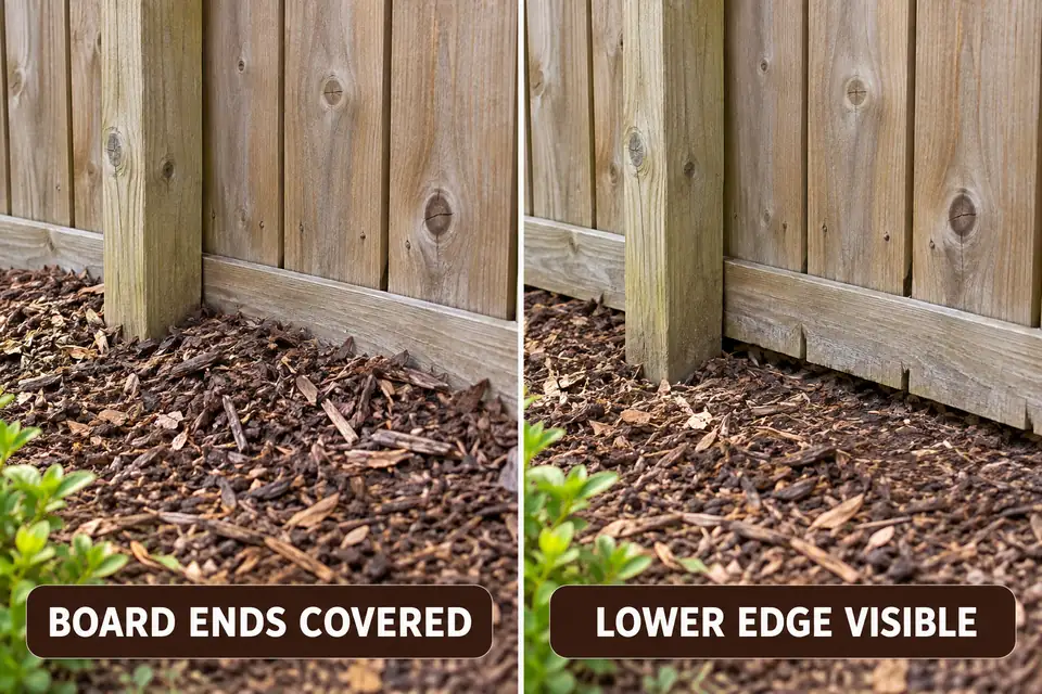 Comparison of mulch-covered fence board ends and the same lower edge exposed for inspection.