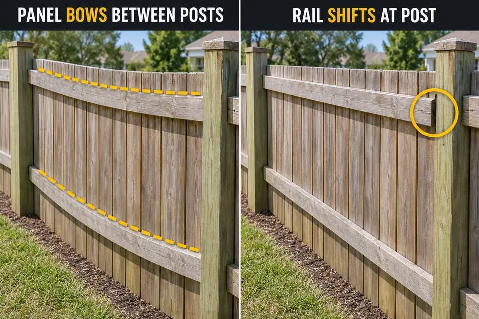 Comparison of broad bowing across a wooden fence panel and a localized gap at a rail-to-post connection.
