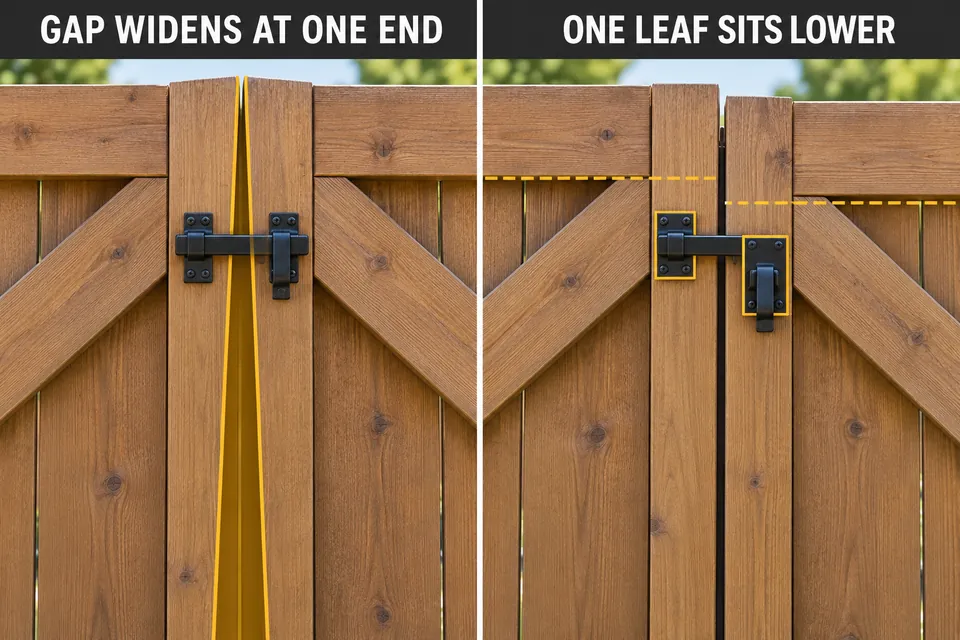 Comparison of a tapered gap between driveway gate leaves and parallel meeting edges with one leaf lower.