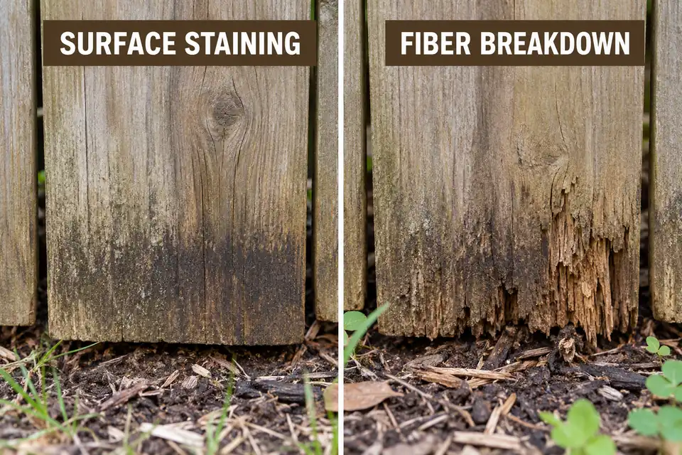Dark staining on a continuous fence-board surface beside visible fiber breakdown at another board base.