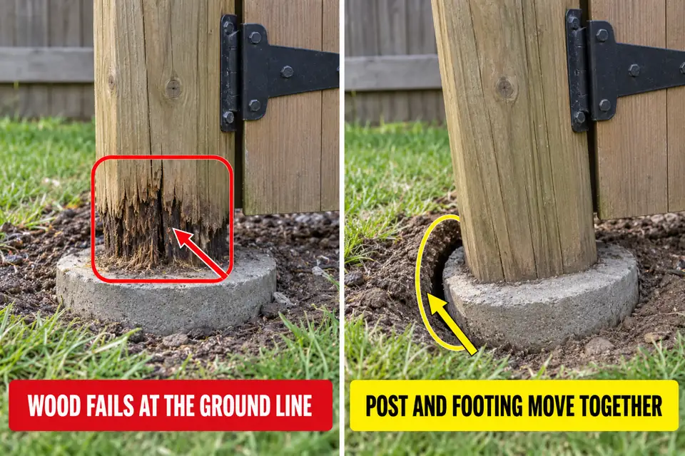Ground-line post rot compared with a sound post and footing shifting together.