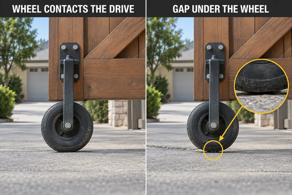 Installed gate wheel contacting pavement compared with the same wheel above a settled section that leaves an air gap.