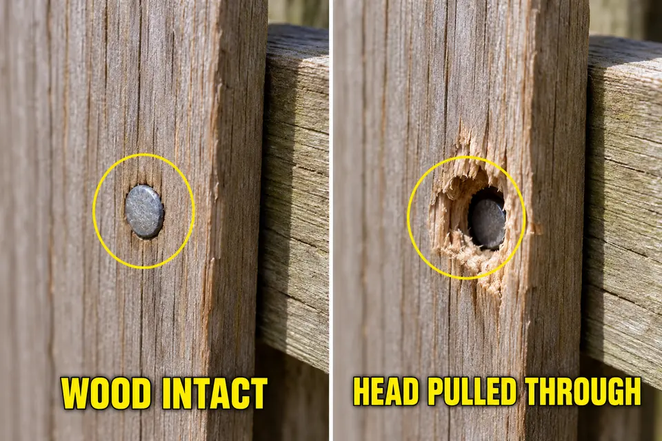 Intact fence-board wood beneath a nail head compared with a torn hole where the head pulled through.