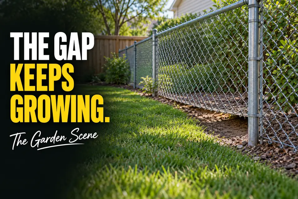 Visible opening beneath a galvanized chain-link fence beside a residential lawn.