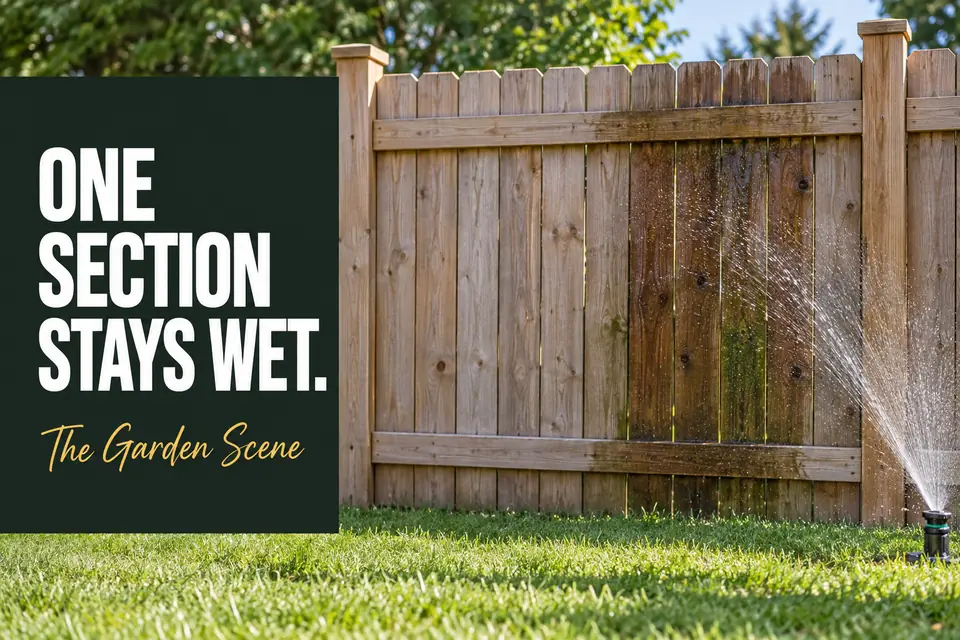 Lawn sprinkler spraying a localized darkened section of wooden fence beside relatively dry boards.
