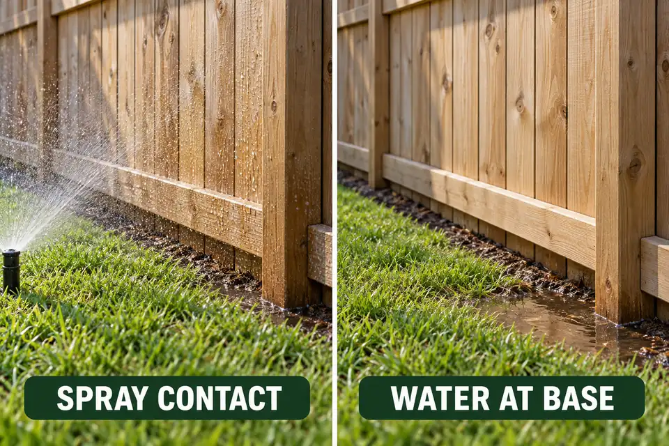 Direct sprinkler spray contacting fence boards compared with shallow water collecting beside a fence post base.