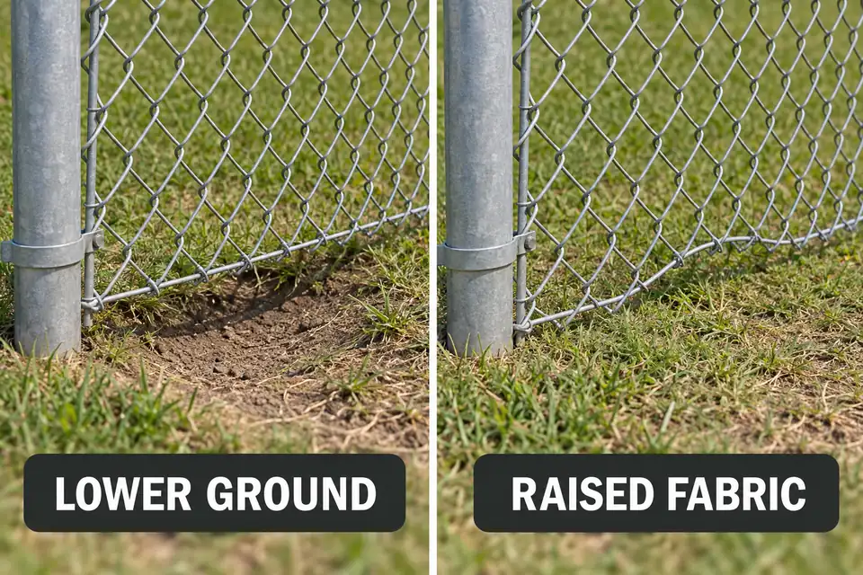 Chain-link fence comparison showing a ground depression beneath straight mesh and raised mesh above continuous ground.