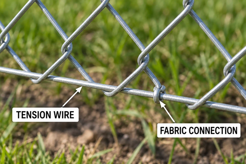 Bottom tension wire connected to chain-link fabric by a visible metal hog ring.